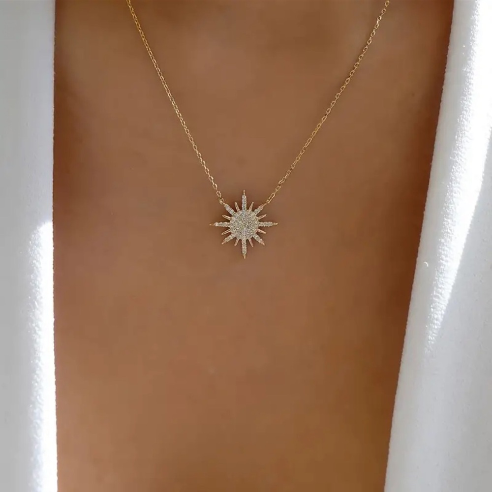 Cubic Zicronia Sunburst Necklace, Cubic Zicronia Sun Necklace, Star Necklace